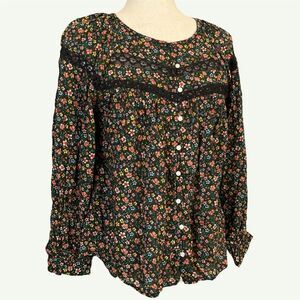 Old Navy Ditsy Floral Cottagecore Peasant Top XS Boho Crochet Trim Shirred NWT